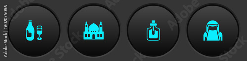 Set Wine bottle with glass, Muslim Mosque, Perfume and woman niqab icon. Vector