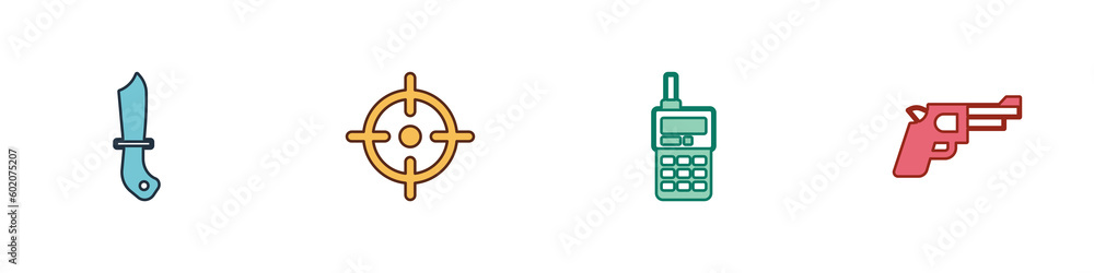 Set Military knife, Target sport, Walkie talkie and Pistol gun icon. Vector
