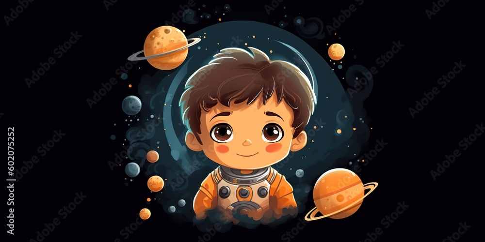 AI Generated. 2d boy kid person man character at moon galaxy. Astronaut in galaxy space. AI Generative. Graphic Art
