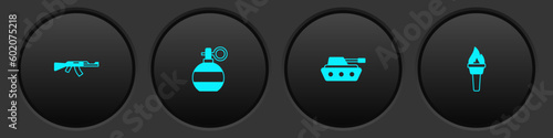 Set Submachine gun, Hand grenade, Military tank and Torch flame icon. Vector