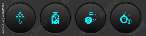 Set Gold bars, Glass money jar with coin, Debt ball chained to and Money bomb dollar crisis icon. Vector