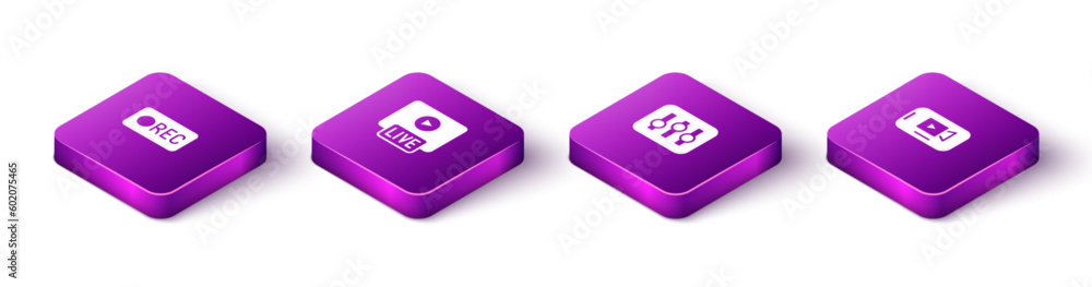 Set Isometric Record button, Live stream, Sound mixer controller and Online play video icon. Vector Set Isometric Record button, Live stream, Sound mixer controller and Online play video icon. Vector
