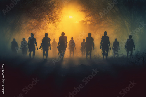 Silhouette of a horde of zombies walking towards the camera out of the mist. Generative ai