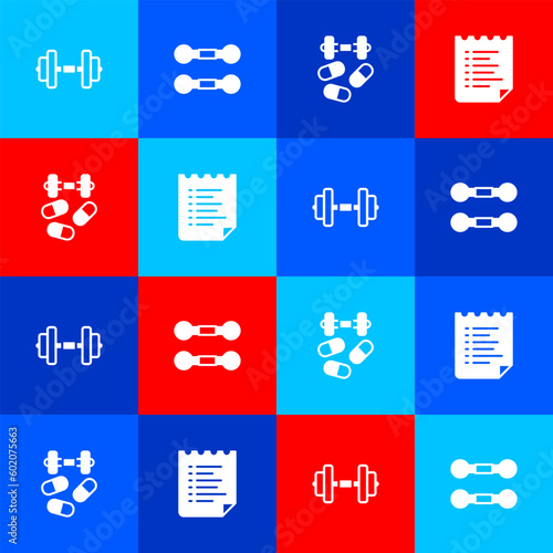 Set Dumbbell, , Sports doping with dumbbell and training program icon. Vector