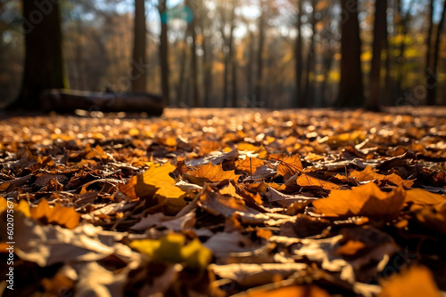 Carpet of fallen leaves in an autumn forest. The leaves, with hues of yellow, brown, and orange, glisten under the soft sunlight. 