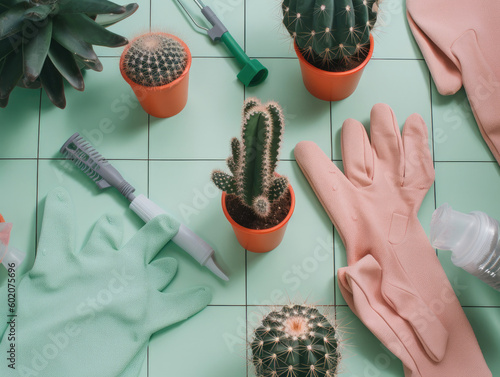 Cactuses and succulents in pots and gardening tools.