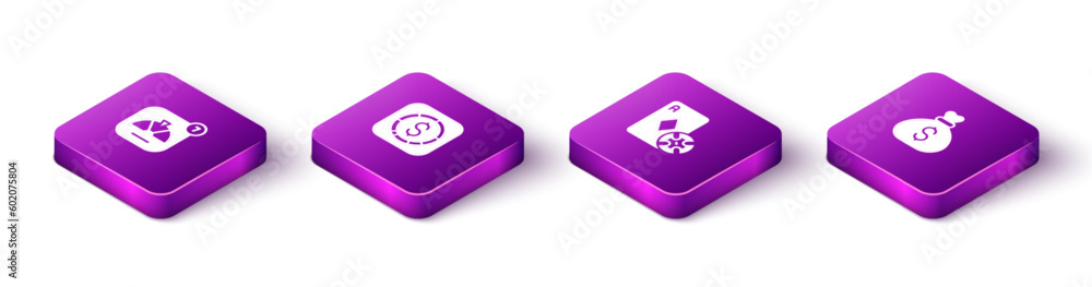 Set Isometric Lucky wheel, Coin money with dollar, Casino chip and playing cards and Money bag icon. Vector Set Isometric Lucky wheel, Coin money with dollar, Casino chip and playing cards and Money bag icon. Vector