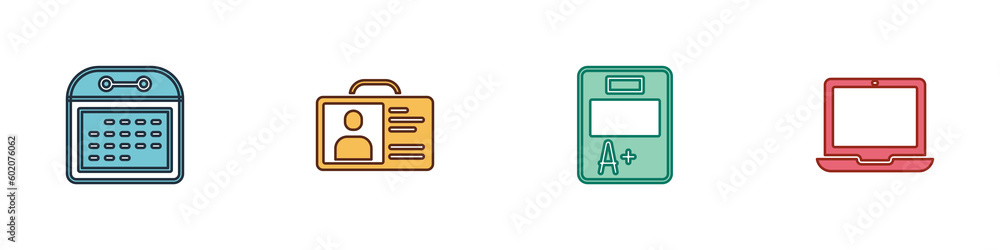 Set Calendar, Identification badge, Exam sheet with A plus grade and Laptop icon. Vector Set Calendar, Identification badge, Exam sheet with A plus grade and Laptop icon. Vector