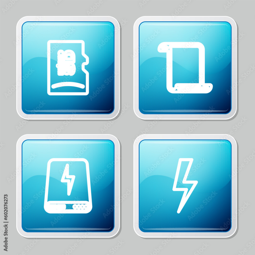 Set line Micro SD memory card, Paper scroll, Power bank and Lightning bolt icon. Vector Set line Micro SD memory card, Paper scroll, Power bank and Lightning bolt icon. Vector