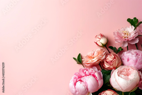 Collection of peonies and roses set against a pink backdrop, copy space.