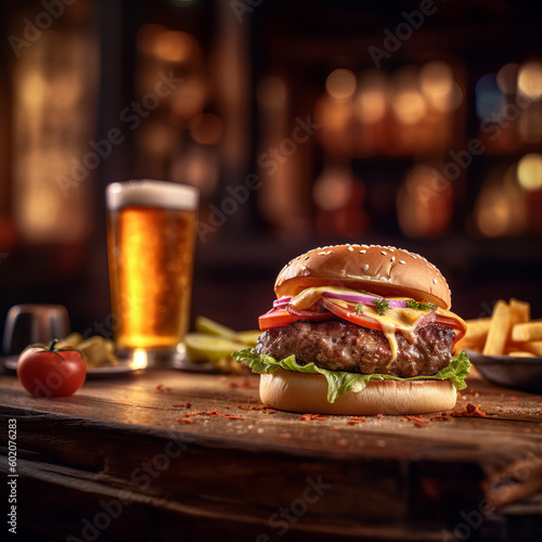 Get Your Fix of Comfort Food with a Perfectly Prepared Burger, Golden Fries, and a Pint of Beer on a Rustic Wooden Plate, Ideal for a Laid-Back Evening in this Bar. Generative AI.