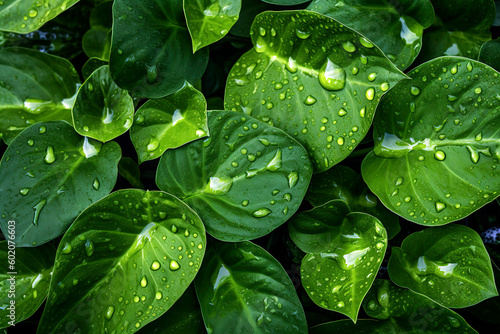 Green leaves adorned with fresh raindrops, captured in high detail backdrop, wallpaper.