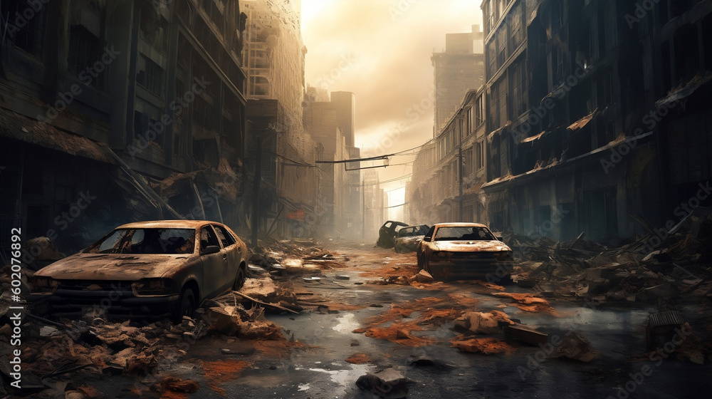 Desolate cityscape with shattered buildings and broken roads, generative Ai