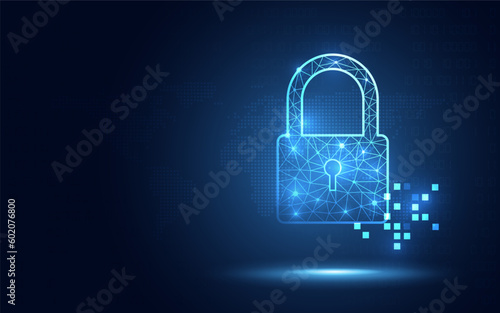 Cyber security padlock blue abstract digital binary code background. Decoding technology and Computer network protection concept. New futuristic system technology sign and symbol. Vector illustration.