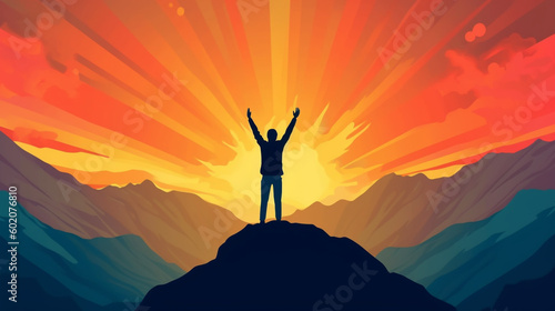 A woman with her arms outstretched stands on a hill with the sun setting behind her.