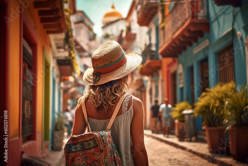 A young woman traveler with backpack and hat walking on the street, travel to Europe alone