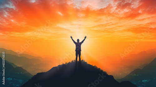 A woman with her arms outstretched stands on a hill with the sun setting behind her.