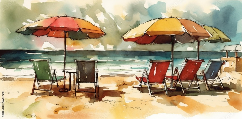 background resort relax lagoon rest umbrella beach chair vacation watercolor summer. Generative AI.