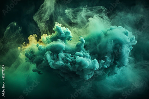 Color mist, resembling an ink in water, creates a haze texture against a dark black background.