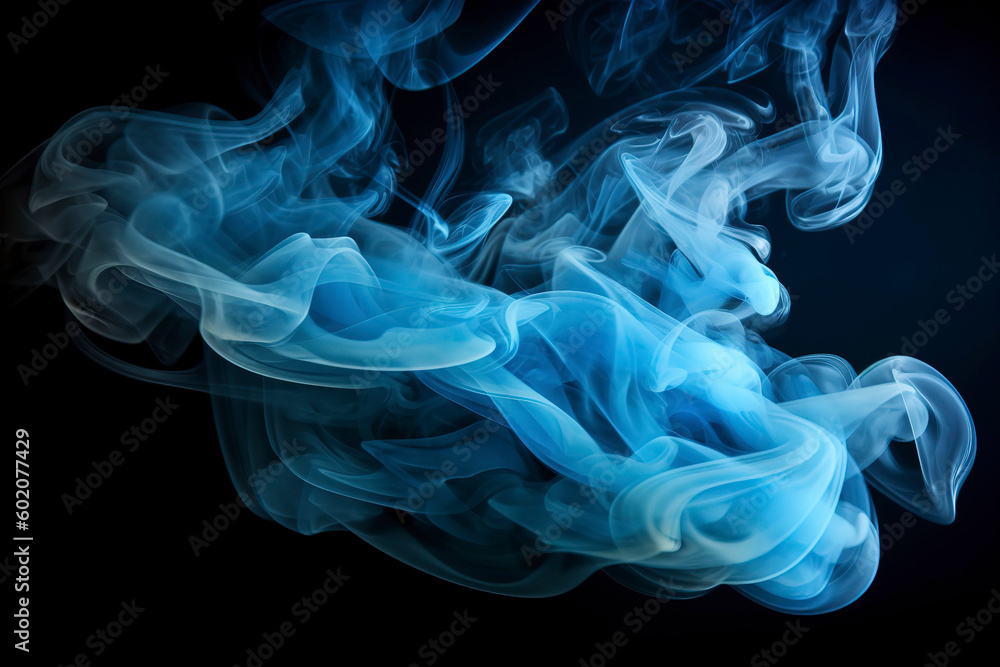 Fototapeta premium Shiny smoke captured mid - motion. The fluid - like nature of the smoke, combined with the blue color particles, creates a texture reminiscent of a paint vapor storm wave.
