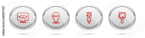 Set line Barbershop, , Electrical hair clipper or shaver and Hand mirror. Silver circle button. Vector