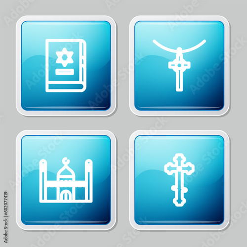 Set line Jewish torah book, Christian cross on chain, Muslim Mosque and icon. Vector