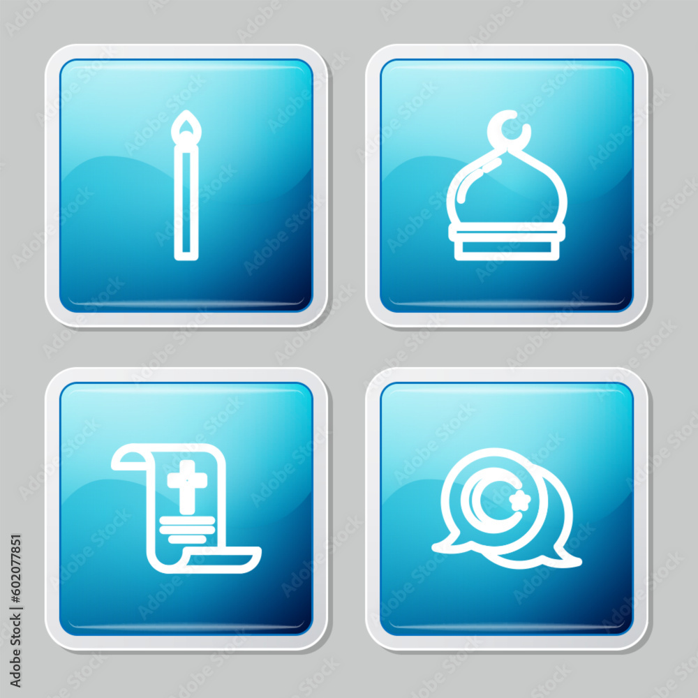 Set line Burning candle, Muslim Mosque, Decree, paper, parchment, scroll and Star crescent icon. Vector Set line Burning candle, Muslim Mosque, Decree, paper, parchment, scroll and Star crescent icon. Vector