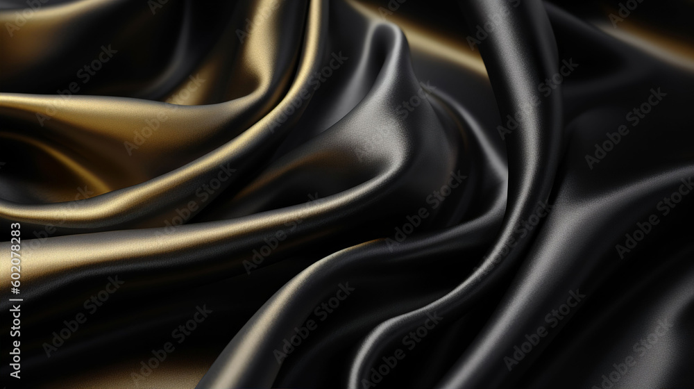 Fototapeta premium Gold and black silk satin fabric texture background wallpaper with sweeping ripples and folds. A.I. generated.