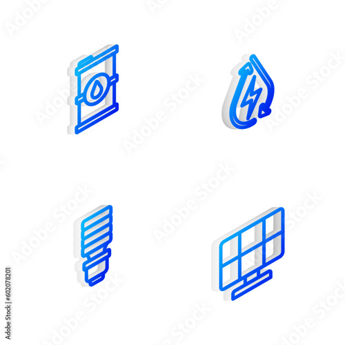 Set Isometric line Water energy  Bio fuel barrel  LED light bulb and Solar panel icon. Vector