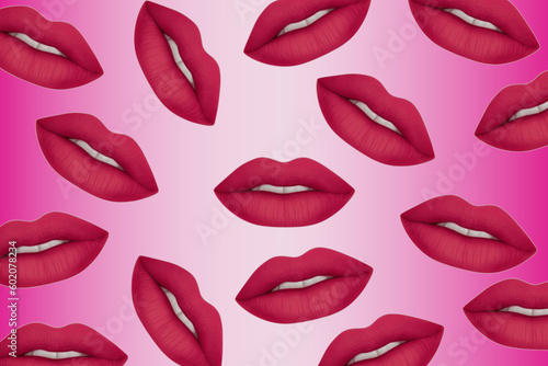 Women's lips. Sensual and seductive female lips with dark red lipstick on a pastel pink background. Cosmetics and beauty concept	