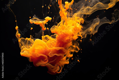 Ink drop, presenting a fluid explosion in the midst of motion. The splash of yellow, red, and orange color liquid forms a smoke cloud blast against a dark black abstract art background.