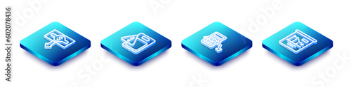Set Isometric line Dollar rate decrease, Global economic crisis, Calculation of expenses and Pie chart infographic icon. Vector