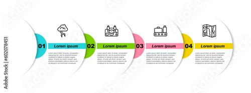 Set line Storm, Aircraft steering helm, Conveyor belt with suitcase and World travel map. Business infographic template. Vector