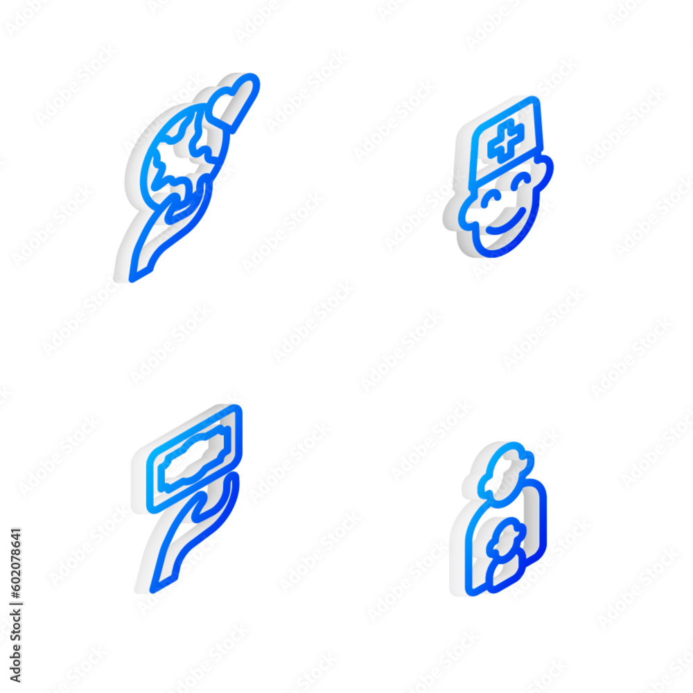 Fototapeta premium Set Isometric line Male doctor, Hand holding Earth globe, Donation charity and Taking care of children icon. Vector