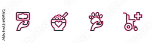 Set line Donation and charity, Animal volunteer, food and Wheelchair for disabled person icon. Vector