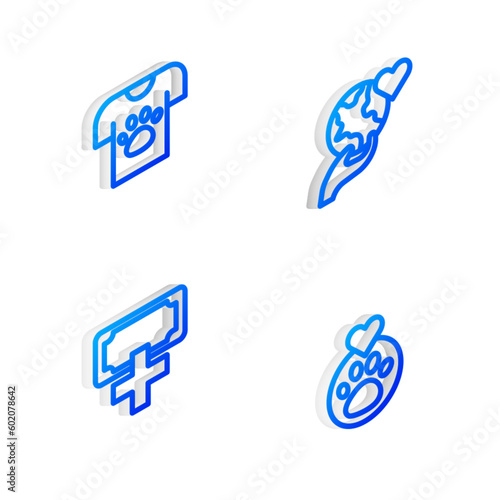 Set Isometric line Hand holding Earth globe, Animal volunteer, Donation charity and Heart with animals footprint icon. Vector