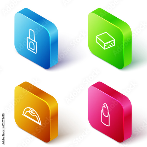 Set Isometric line Bottle of nail polish, Nail file, Manicure lamp and Broken icon. Vector