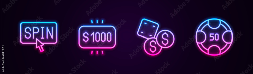 Set line Slot machine spin button, Money prize casino, Game dice and Casino chips. Glowing neon icon. Vector Set line Slot machine spin button, Money prize casino, Game dice and Casino chips. Glowing neon icon. Vector