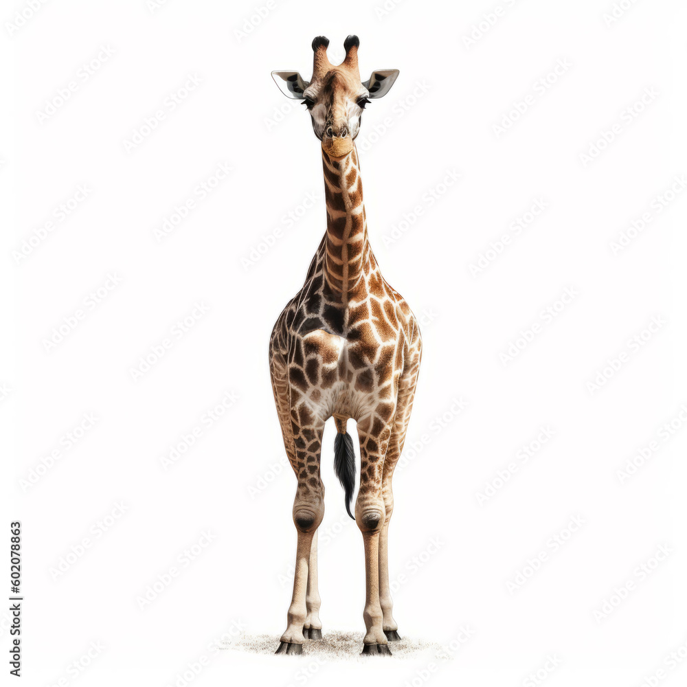 Beautiful Giraffe, full length on white background. Big wild creature photo. African Animal wildlife. Generative Ai.