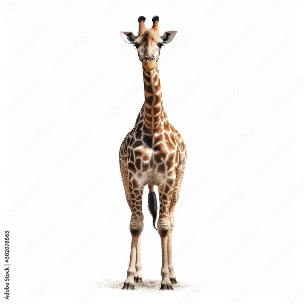 Fototapeta premium Beautiful Giraffe, full length on white background. Big wild creature photo. African Animal wildlife. Generative Ai.