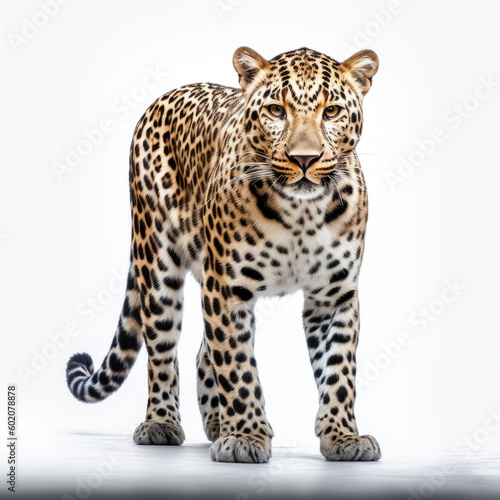Beautiful leopard full length on white background. Big cat photo. Wild animal predator. Generative Ai.