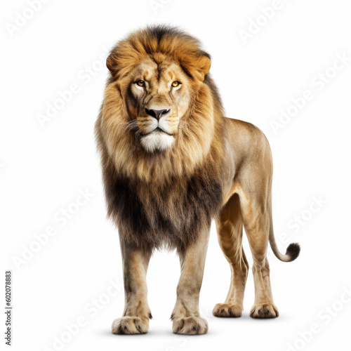 Beautiful lion full length on white background. Big cat photo. Wild animal predator. Generative Ai. © peshkova