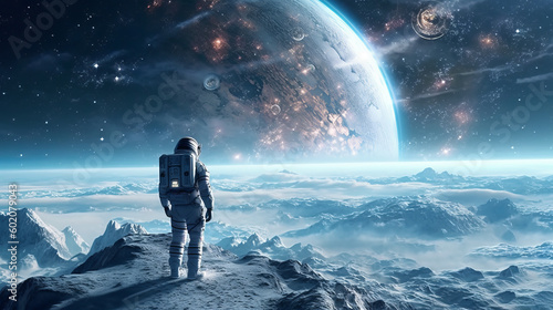 Scene of an astronaut standing on an unknown icy planet with a breathtaking landscape. The astronaut is wearing a futuristic space suit with a helmet. Generative Ai photo