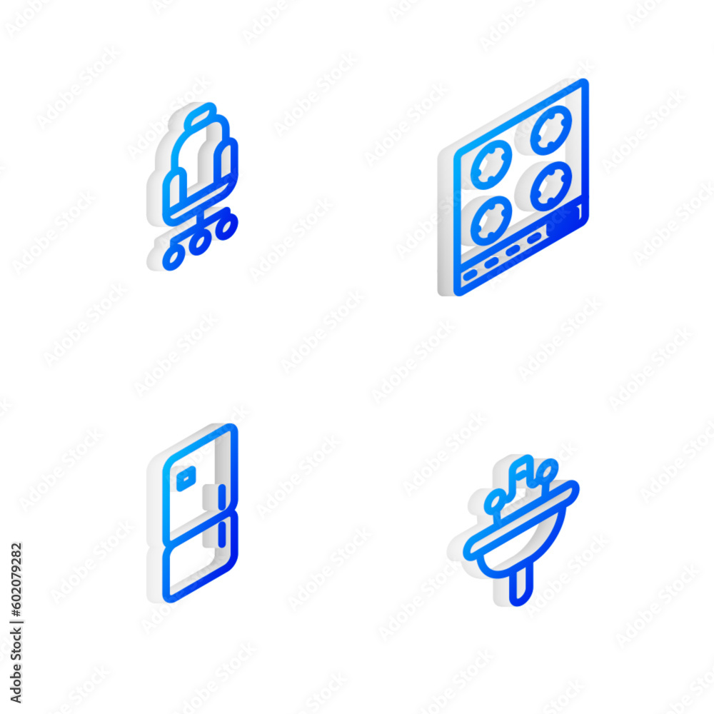 Set Isometric line Gas stove, Office chair, Refrigerator and Washbasin icon. Vector Set Isometric line Gas stove, Office chair, Refrigerator and Washbasin icon. Vector