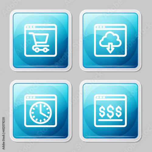 Set line Online shopping on screen, Cloud download, Browser window and icon. Vector