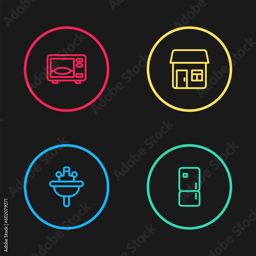 Set line Washbasin, Refrigerator, House and Microwave oven icon. Vector