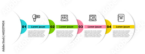 Set line Creative lamp light idea, Foreign language online study, and Notebook. Business infographic template. Vector