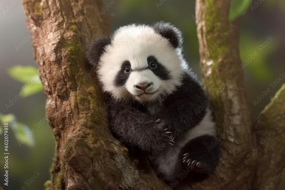 Fototapeta premium Adorable Baby Panda Climbing Tree