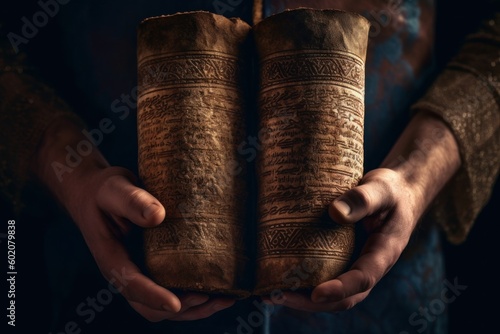 A close-up shot of a pair of hands holding a Torah scroll with a rich, textured background, evoking a sense of reverence and tradition.Generative AI