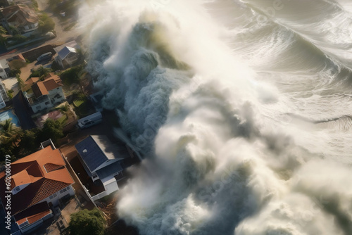 Tsunami wave crashing on houses from above  generative Ai